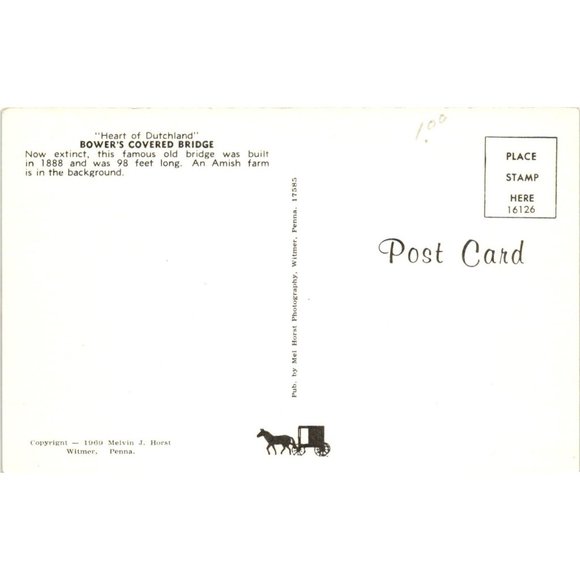 Heart Of Dutchland Bowers Covered Bridge Postcard Travel Souvenir Unposted Amish - Picture 2 of 2